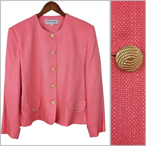 New Appleseeds Blazer Plus 20W Bright Pink Long Sleeve Gold Button Front Jacket - Picture 1 of 8